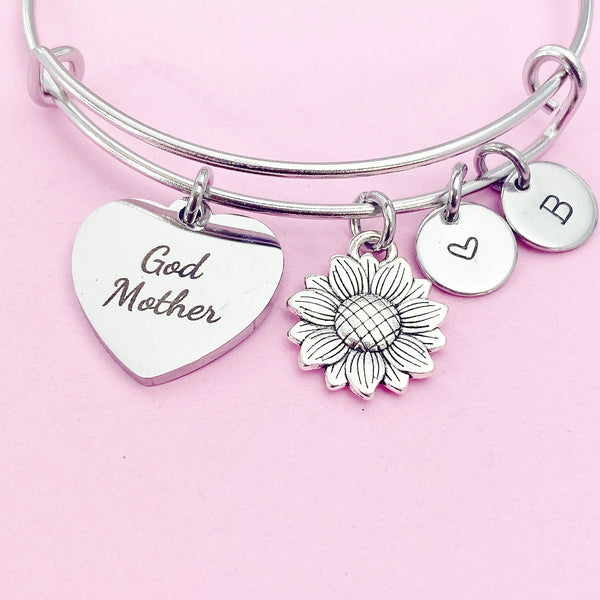 Godmother Bracelet, Sunflower Charm Bangle, Sunflower Charm, Godmother Charm, Godmother Gift, Personalized Gift, N968