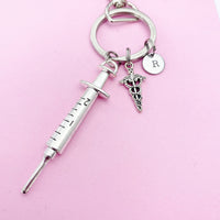 Medical Syringe Caduceus Keychain in Silver, Gifts for Medical School Gift Phlebotomy Phlebotomist, N1976