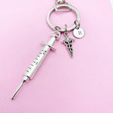 Medical Syringe Caduceus Keychain in Silver, Gifts for Medical School Gift Phlebotomy Phlebotomist, N1976
