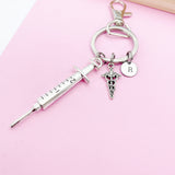Medical Syringe Caduceus Keychain in Silver, Gifts for Medical School Gift Phlebotomy Phlebotomist, N1976