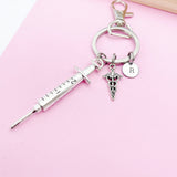 Medical Syringe Caduceus Keychain in Silver, Gifts for Medical School Gift Phlebotomy Phlebotomist, N1976
