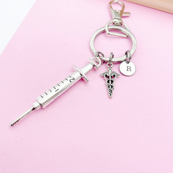 Medical Syringe Caduceus Keychain in Silver, Gifts for Medical School Gift Phlebotomy Phlebotomist, N1976