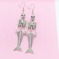 Silver LARGE Mermaid Skull Charm Earrings Halloween Gift Ideas, BN2702