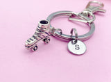 Silver Roller Skate Charm Keychain, Personalized Initial Keychain, N791A