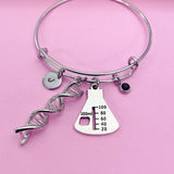 Silver DNA Charm Bangle Bracelet, Beaker, Initial, Birthstone, Science Gift
