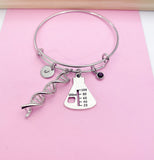 Silver DNA Charm Bangle Bracelet, Beaker, Initial, Birthstone, Science Gift