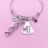 Silver DNA Charm Bangle Bracelet, Beaker, Initial, Birthstone, Science Gift