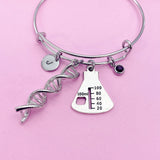 Silver DNA Charm Bangle Bracelet, Beaker, Initial, Birthstone, Science Gift
