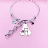 Silver DNA Charm Bangle Bracelet, Beaker, Initial, Birthstone, Science Gift