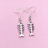 Silver Fishbone Dangle Earrings, Stainless Steel Hooks