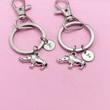 Set of 2 Rhinoceros Keychains, Silver Animal Charm, Initial Keychain
