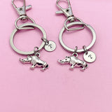 Set of 2 Rhinoceros Keychains, Silver Animal Charm, Initial Keychain