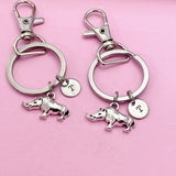 Set of 2 Rhinoceros Keychains, Silver Animal Charm, Initial Keychain