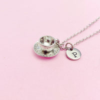 Cup and Saucer Teacup Necklace in Silver, Tea Party Gift, N811