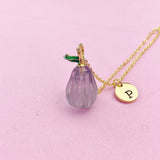 Gold Pear Necklace, Natural Gemstone Fluorite Fruit Charm, Personized Initial Necklace, N4986
