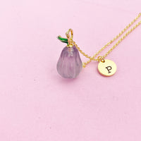 Gold Pear Necklace, Natural Gemstone Fluorite Fruit Charm, Personized Initial Necklace, N4986
