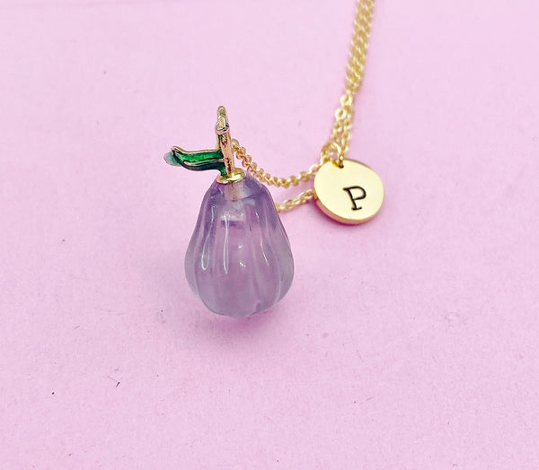 Gold Pear Necklace, Natural Gemstone Fluorite Fruit Charm, Personized Initial Necklace, N4986