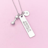 Strong is Beautiful Dumbbell Necklace in Stainless Silver Steel, Water Resistant, AD451