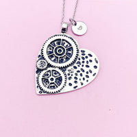 Gear Heart Charm Necklace in Silver, N2900