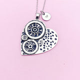 Gear Heart Charm Necklace in Silver, N2900