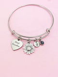 Great Grandma Heart Sunflower Charm Bracelet in Silver, Great Grandmother Gifts, D452