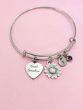 Great Grandma Heart Sunflower Charm Bracelet in Silver, Great Grandmother Gifts, D452
