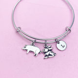 Silver Pig Rabbit Initial Charm Bracelet, N1450