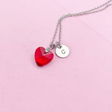 Red Garnet Heart Necklace, Initial Charm, Stainless Steel