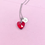 Red Garnet Heart Necklace, Initial Charm, Stainless Steel