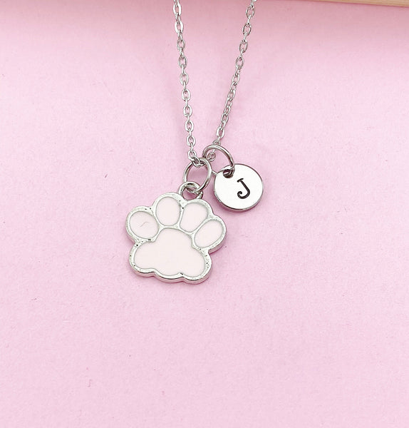 Silver Pink Paw Print Charm Necklace Dog Cat Pet Paw Prints Gifts Ideas Personalized Customized Made to Order, DN5493