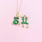 Gold Green Frog Charm Necklace, N853