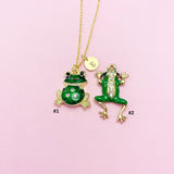 Gold Green Frog Charm Necklace, N853