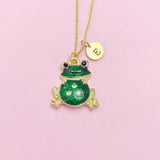 Gold Green Frog Charm Necklace, N853