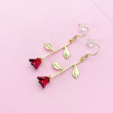 Gold Red Rose Dangle Earrings, Floral Jewelry