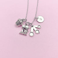 Silver Baker Necklace, Kitchen Mixer Measuring Cup Cupcake Charm, Personalized Gift, N3619