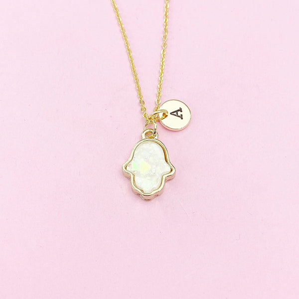Gold Hamsa Necklace, Hamsa Charm, White Imitation Opal Charm, Personalized Gift, N1484