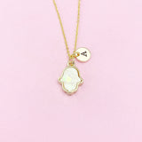 Gold Hamsa Necklace, White Opal Charm, Personalized Initial Necklace