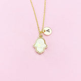 Gold Hamsa Necklace, White Opal Charm, Personalized Initial Necklace