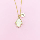 Gold Hamsa Necklace, White Opal Charm, Personalized Initial Necklace