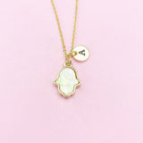 Gold Hamsa Necklace, White Opal Charm, Personalized Initial Necklace
