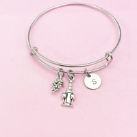 Silver Wine Bottle Goblet Glass Grape Charm Bracelet, N5584