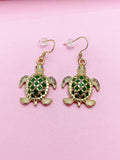 Gold Turtle Charm Earrings, Green Enamel, Rhinestone Animal Jewelry