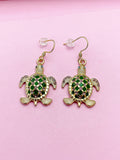 Gold Turtle Charm Earrings, Green Enamel, Rhinestone Animal Jewelry