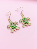 Gold Turtle Charm Earrings, Green Enamel, Rhinestone Animal Jewelry