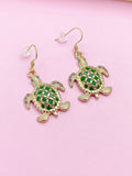 Gold Turtle Charm Earrings, Green Enamel, Rhinestone Animal Jewelry