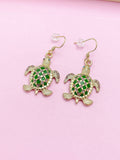 Gold Turtle Charm Earrings, Green Enamel, Rhinestone Animal Jewelry