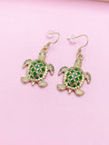 Gold Turtle Charm Earrings, Green Enamel, Rhinestone Animal Jewelry