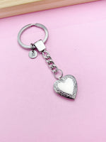 Silver Heart Flower Locket Pendant Keychain, Love, Keepsake Photo Frame Charm, Stainless Steel Initial Keychain, AN4928