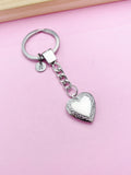 Silver Heart Flower Locket Pendant Keychain, Love, Keepsake Photo Frame Charm, Stainless Steel Initial Keychain, AN4928