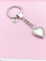 Silver Heart Flower Locket Pendant Keychain, Love, Keepsake Photo Frame Charm, Stainless Steel Initial Keychain, AN4928